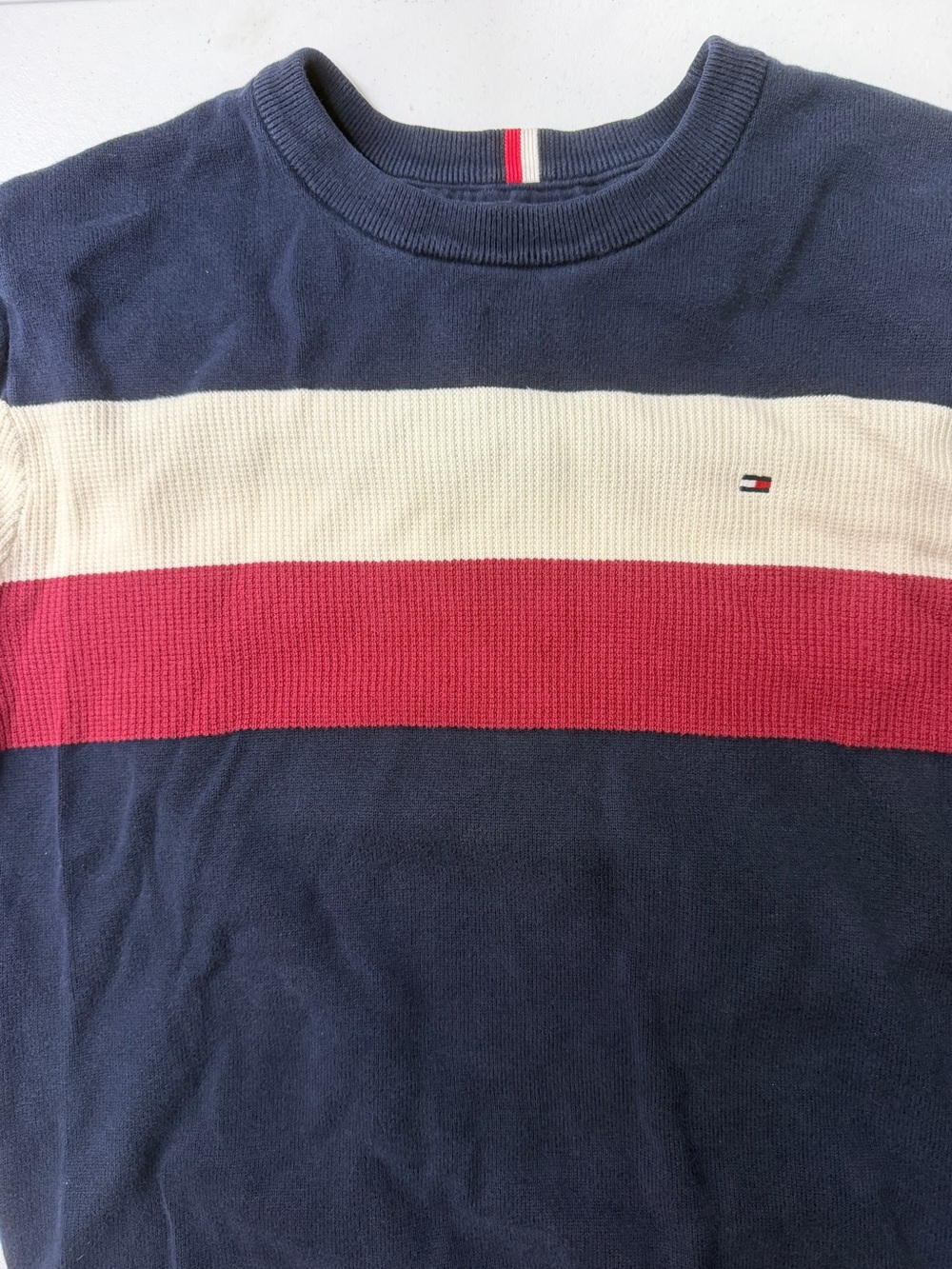 Tommy Hilfiger Men’s XL Colorblock Crewneck Sweater Navy Red White Flag Logo